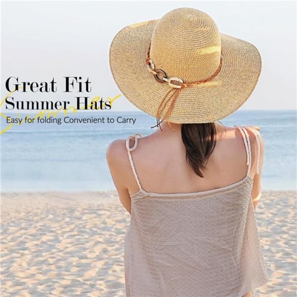 Women\'s Wide Brim Straw Summer Hat with Wind Lanyard Roll Up